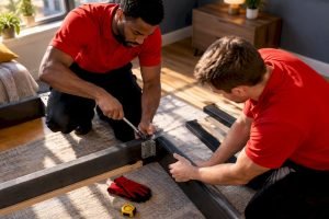 Movers carefully disassembling a bed frame