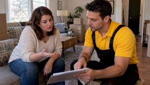 Homeowner asking mover questions before signing