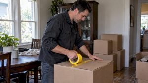 Homeowner taping cartons before moving day